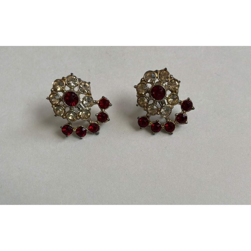 Red & Clear Rhinestone Vintage Clip On Earrings